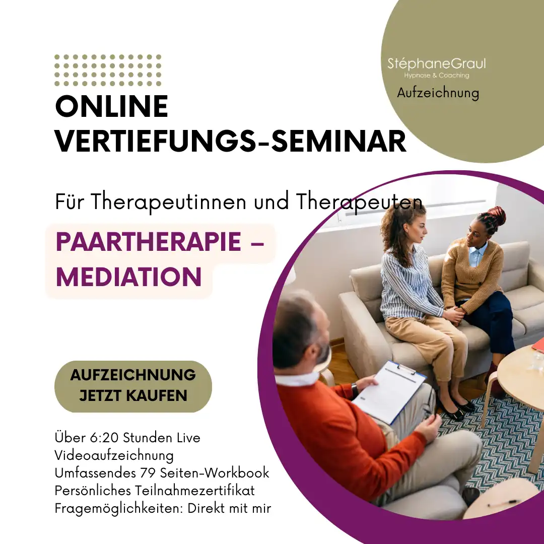 Online-Seminar für Therapeuten: Paartherapie und Mediation, Videoaufzeichnung verfügbar, inkl. Workbook und Zertifikat.