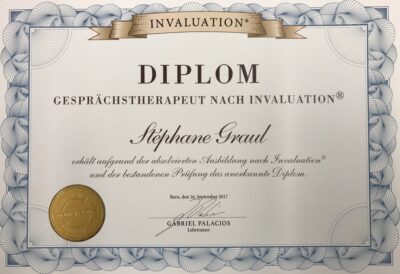 Diplom eines Gesprächstherapeuten ausgestellt im Jahr 2017 in Bern, zertifiziert von Gabriel Palacios als Lehrtrainer.