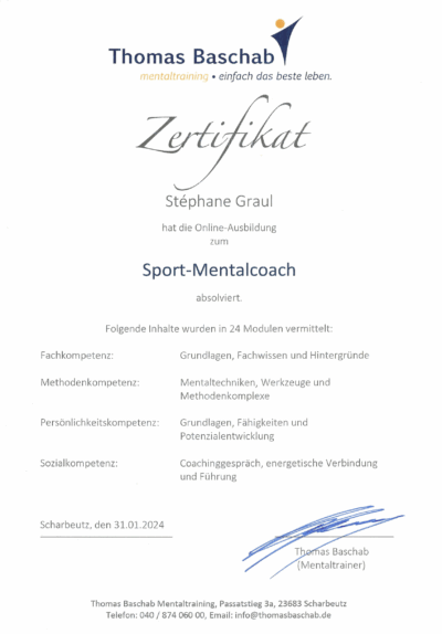 Zertifikat für erfolgreich absolvierte Online-Ausbildung zum Sport-Mentalcoach von Thomas Baschab Mentaltraining.