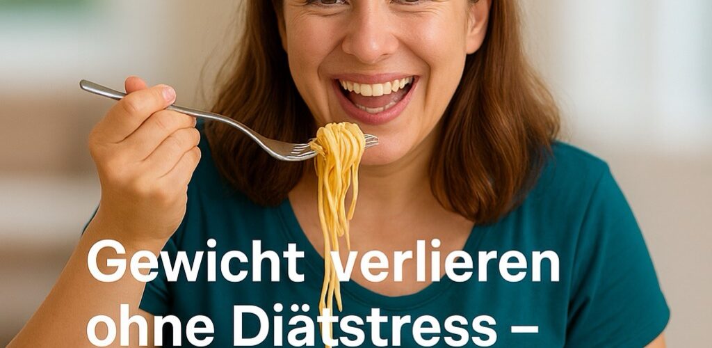 Frau isst spaghetti lächelnd, promote Gewichtsverlust ohne Diätstress durch Hypnose und Coaching von Stéphane Graul.