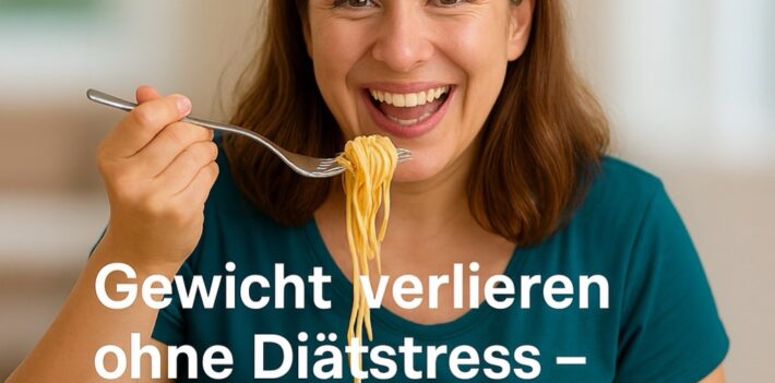 Frau isst spaghetti lächelnd, promote Gewichtsverlust ohne Diätstress durch Hypnose und Coaching von Stéphane Graul.