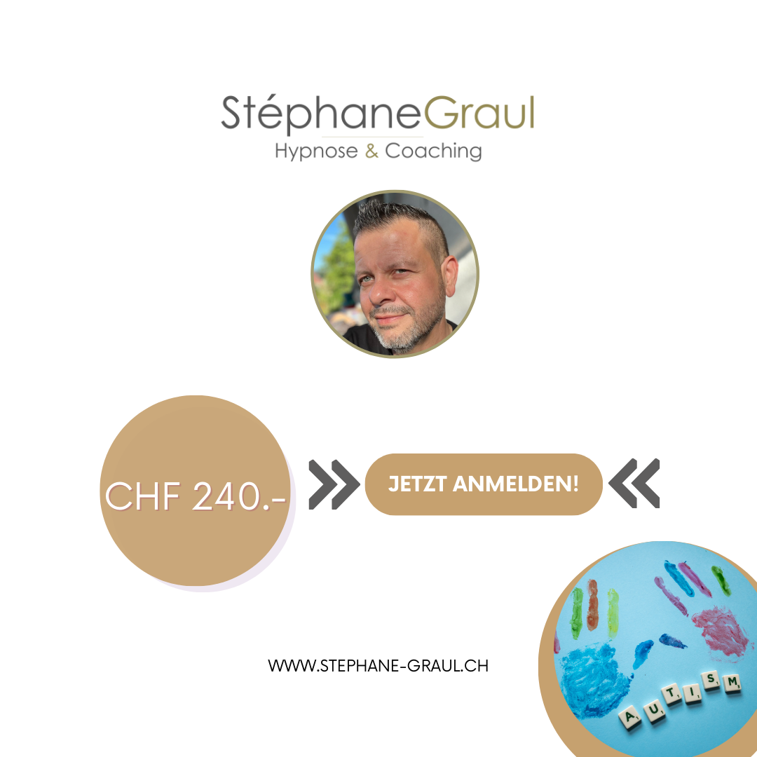 Hypnose-Coaching-Anzeige mit Foto des Coaches, Preis CHF 240, buntes Handabdruckbild, Jetzt anmelden-Button.